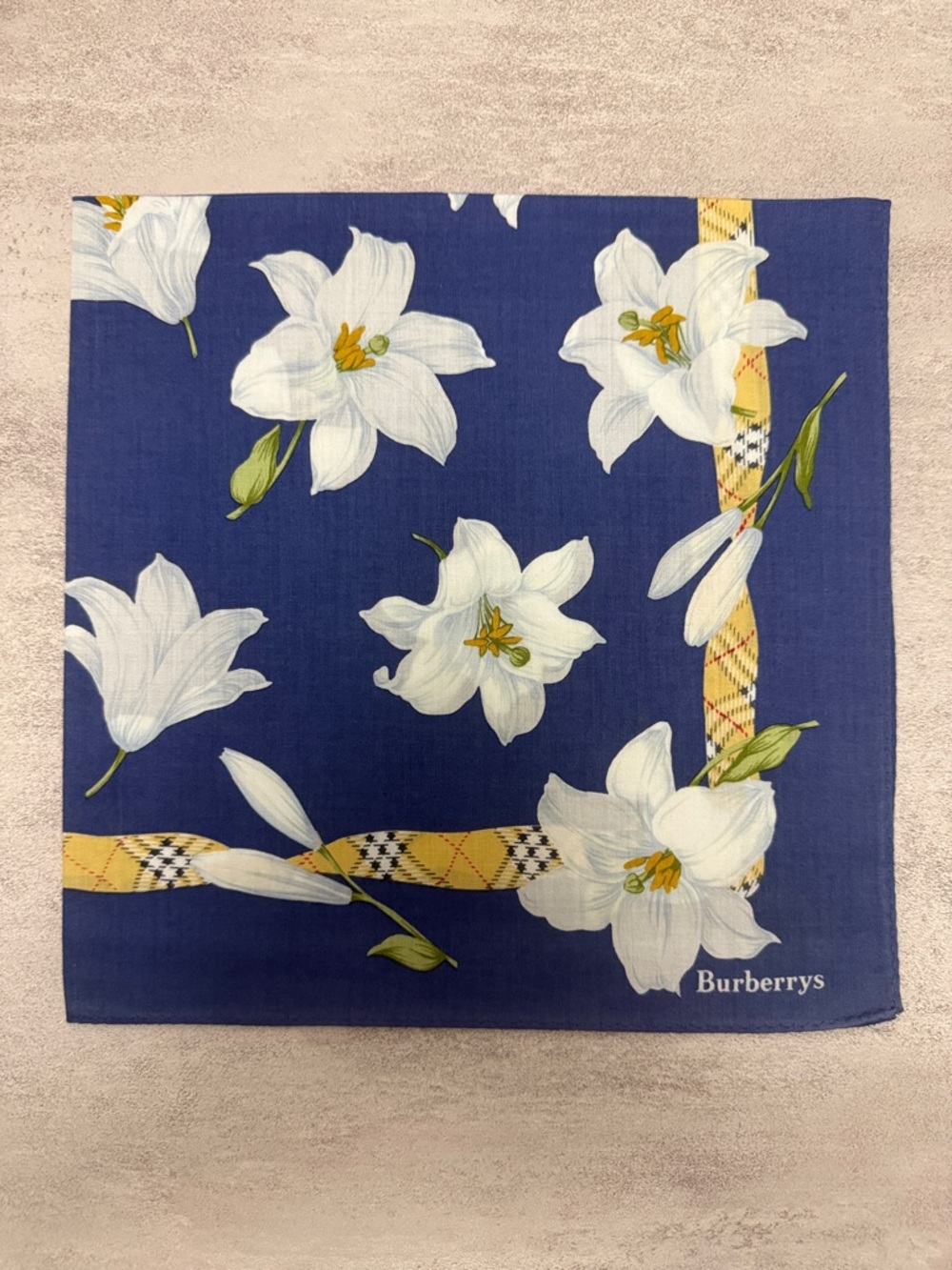 Burberry Floral vintage cotton handkerchief in Navy, White & Yellow Plaid Accent